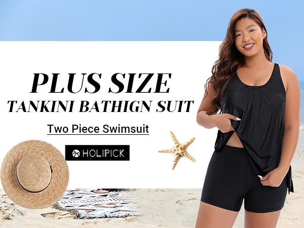 Holipick Black Plus Size Swimsuit for Women Two Piece Tankini Set Tummy Control Bathing Suits Blouson Tankini Top with Boy Shorts