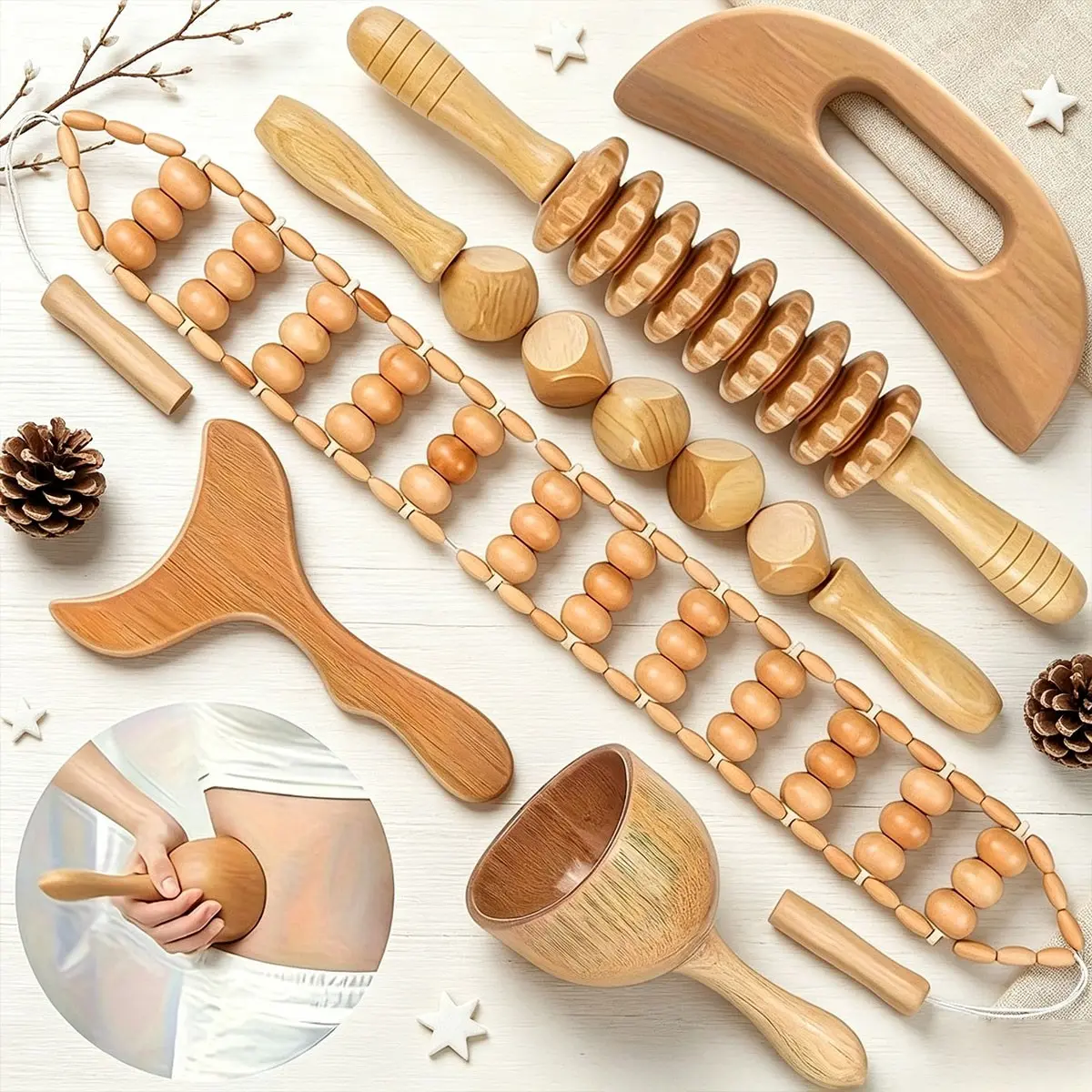 Set of 6 wooden facial massage tools, manual facial massage kit, with wooden rollers, pointed tips, beads, and textured heads, suitable for full-body relaxation and health, body massage tools, Face Massagers