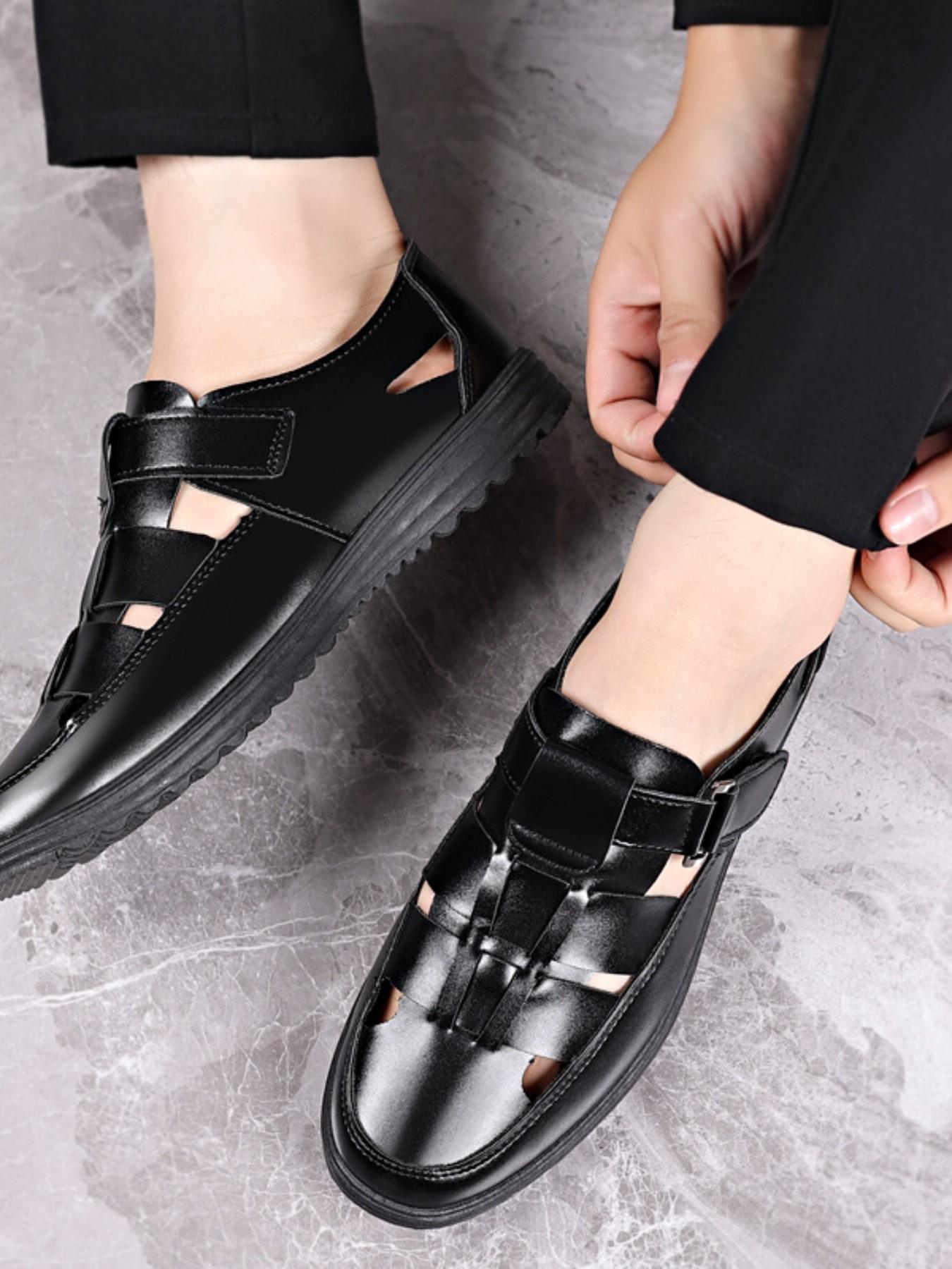 Men's Hollow Out Sandals, Summer New Arrival, Size 38-44, Velcro Soft Sole Anti-Slip Dad Shoes, Breathable Casual Leather Shoes