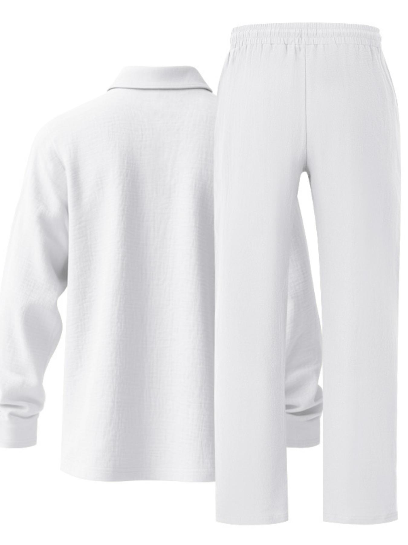 Men's Linen Polo Shirt & Pants Set, Classic Casual Loose-Fit Long Sleeve Top, Spring & Fall Woven Fabric for Daily Wear