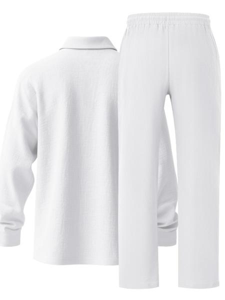 Men's Linen Polo Shirt & Pants Set, Casual Loose-Fit Long Sleeve Top, Spring & Fall Woven Fabric for Daily Wear