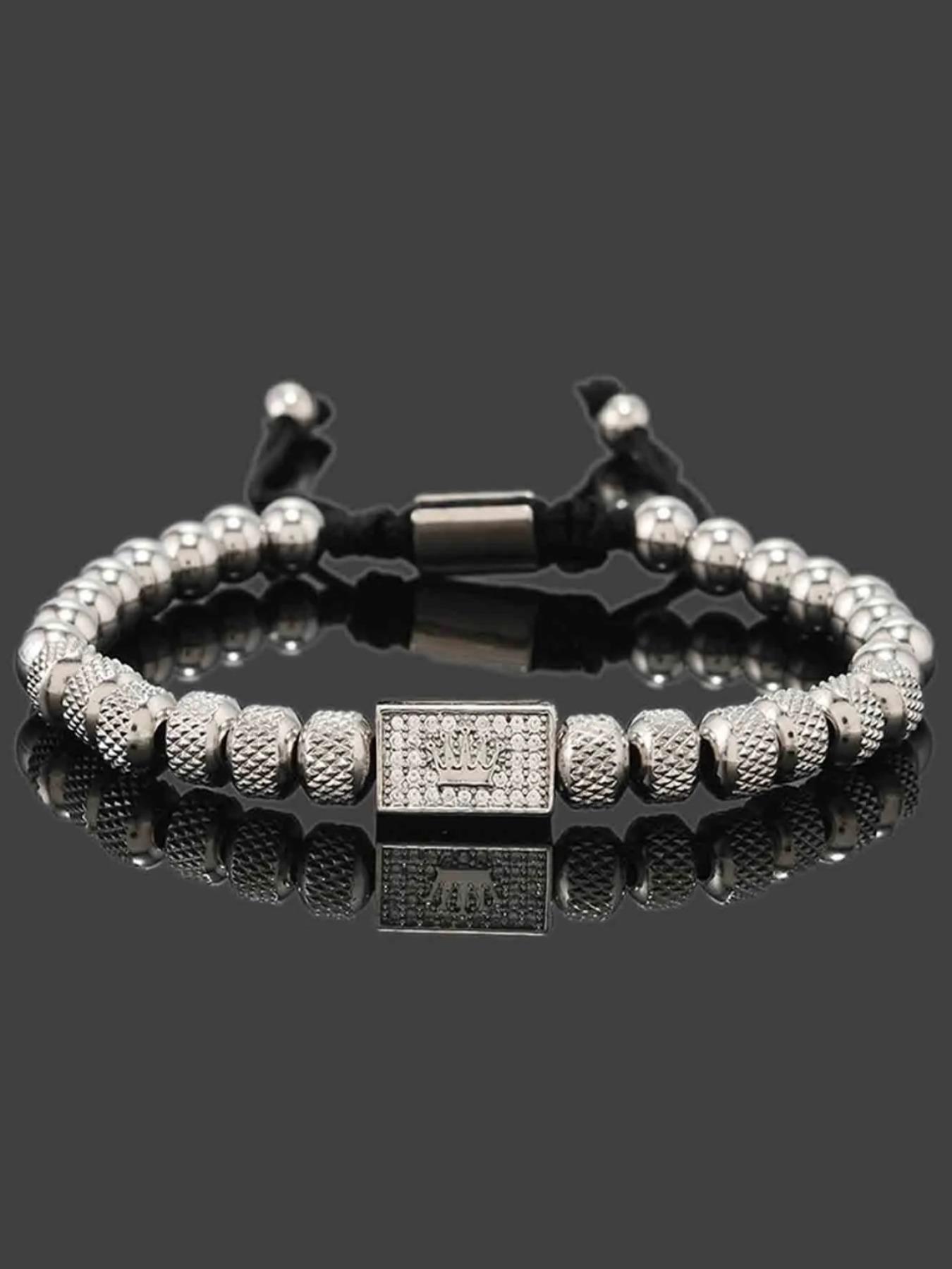 Vintage Stainless Steel Beaded Zircon Crown Bracelet, Adjustable Casual Men's Party Wristband, Chain Print, All Seasons