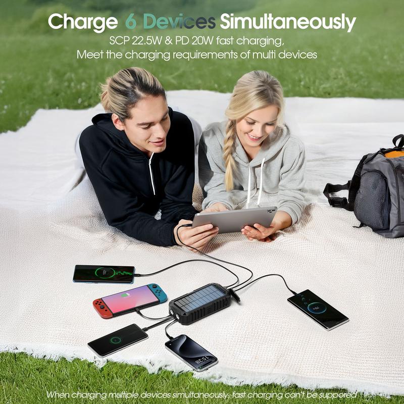 RETMSR 40,000mAh Solar Hand-Cranked Power Bank with SCP22.5W Fast Charging Outdoor Flashlight Compass 4 Cables for Fishing Camping Mountain Climbing