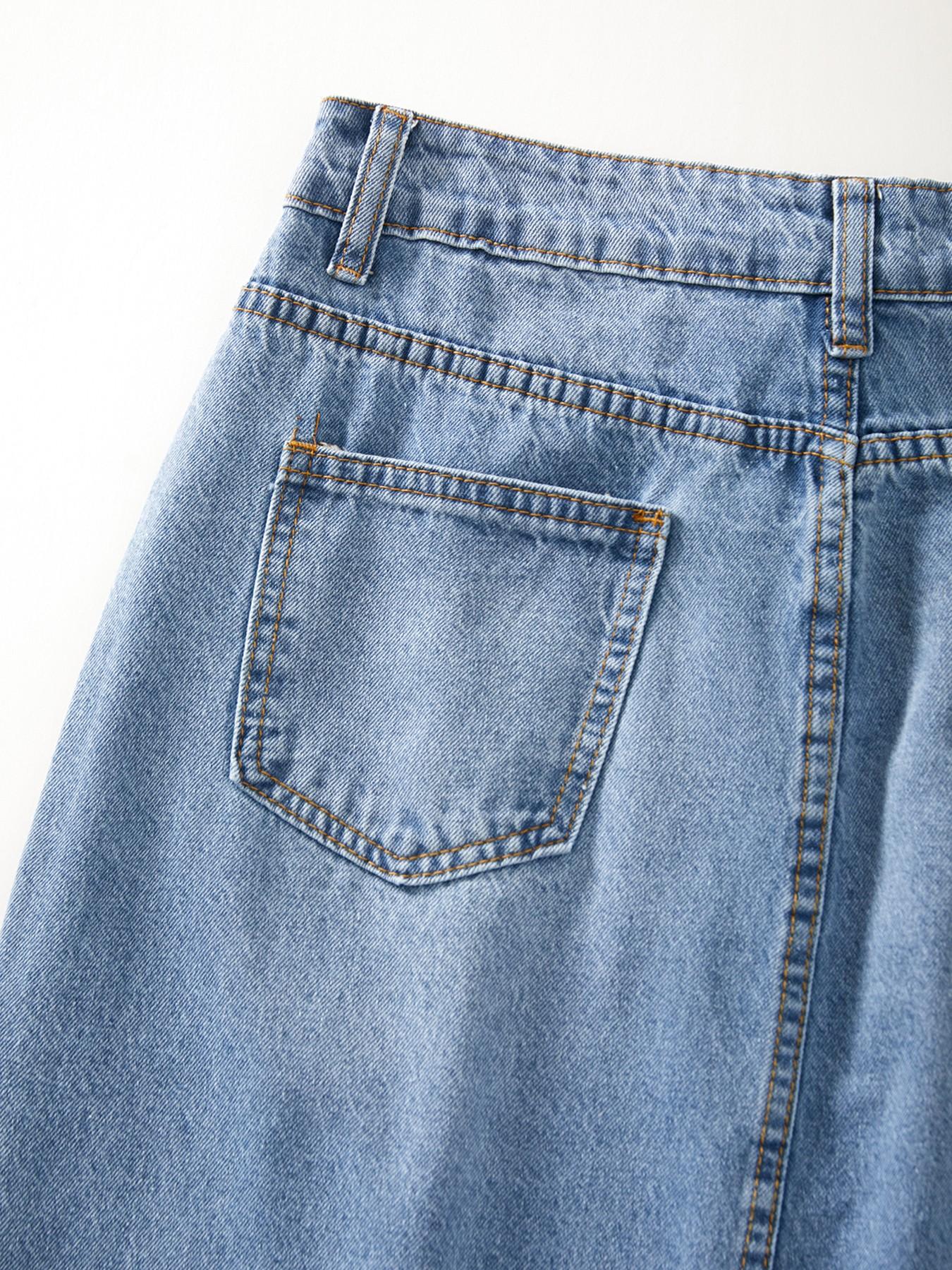 Women's Straight Leg Split Denim Midi Skirt, Basic Fitted Denim Half Skirt, Pocket Design, Slimming Casual Dress for Summer, Slit