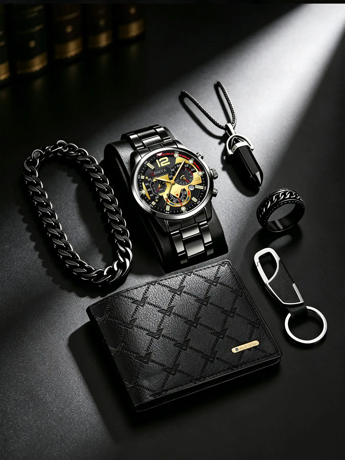 Men's Business Gift Set 6 Pieces, Roman Dial Watch, Short Wallet, Pen, Keychain, Pendant Necklace, Practical Heartfelt Gift for Husband, Dad, Colleagues
