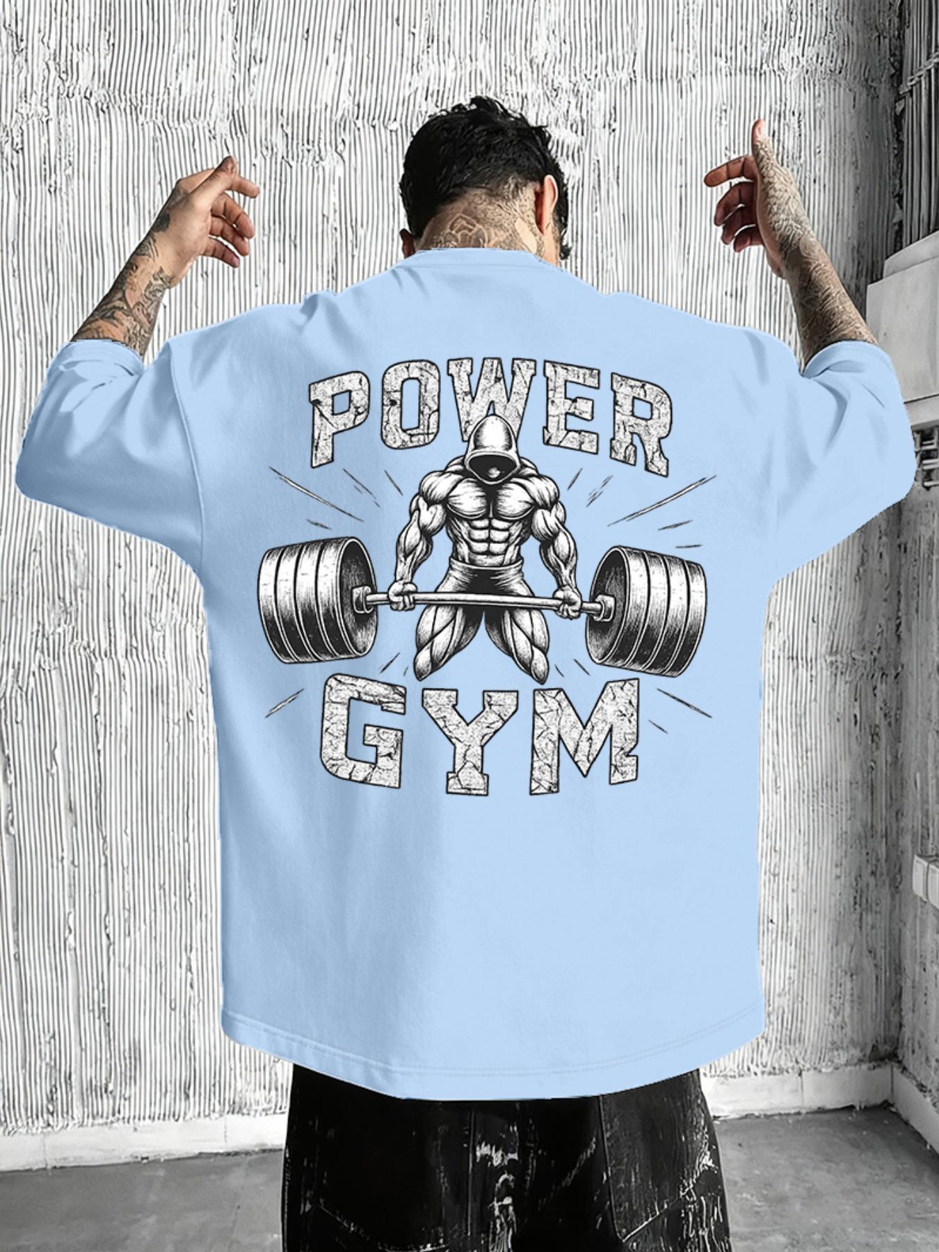 Men's Cool "Power Gym" Bodybuilding Graphic T-Shirt: Black Oversized Tee with Weightlifting Print, Perfect for Fitness Enthusiasts and Street Gym Style