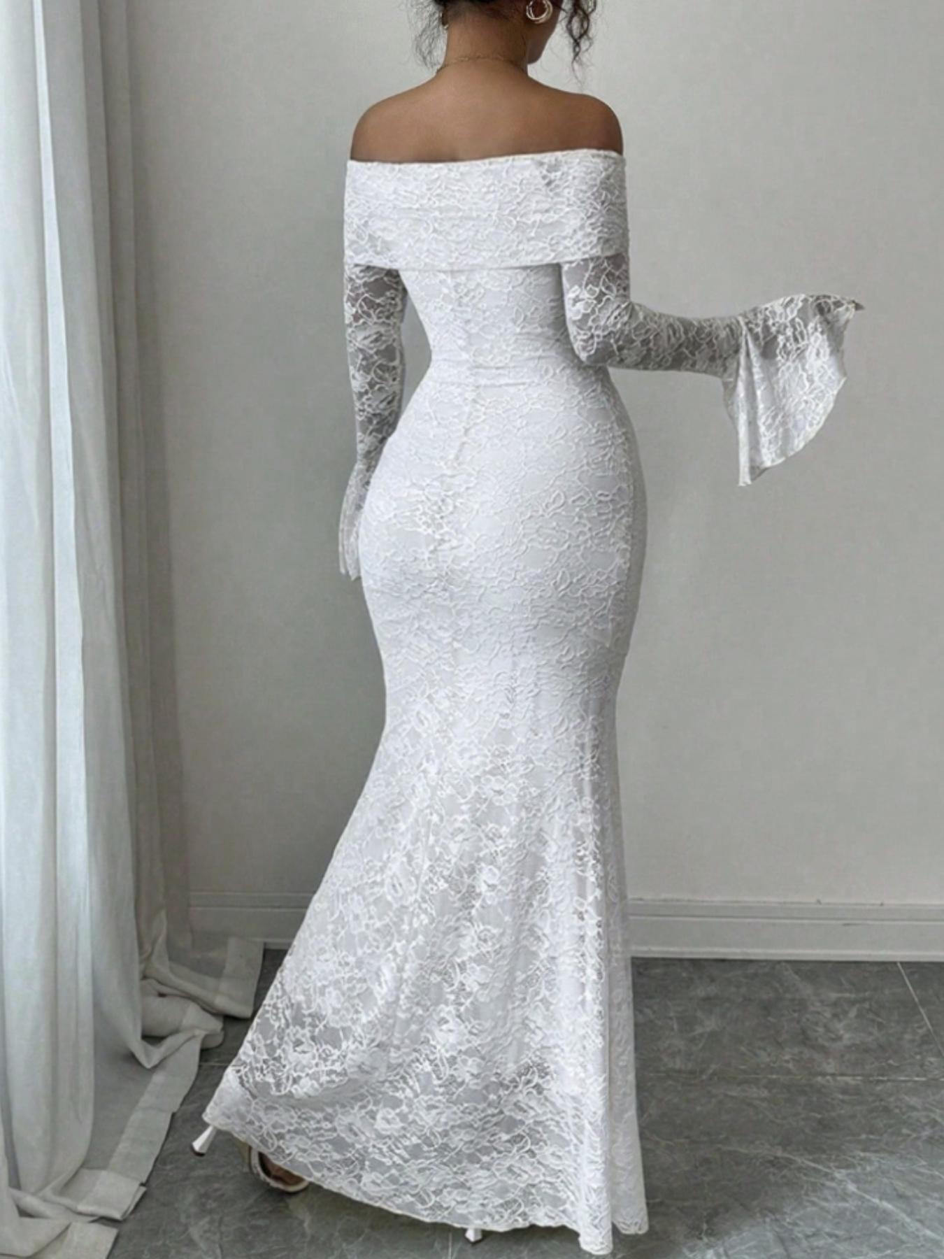 Women's One Shoulder Flare Sleeve Bodycon Long Dress, Lace Mermaid Tail Skirt, Long Sleeve, Elegant Party Wear, Summer Fashion