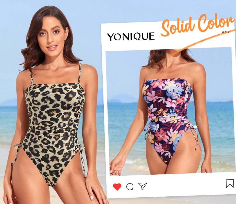 Yonique Women Strapless Tummy Control One Piece Swimsuit Bandeau Bathing Suit Cheeky Swimwear