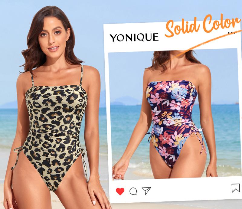 Yonique Women Strapless Tummy Control One Piece Swimsuit Bandeau Bathing Suit Cheeky Swimwear