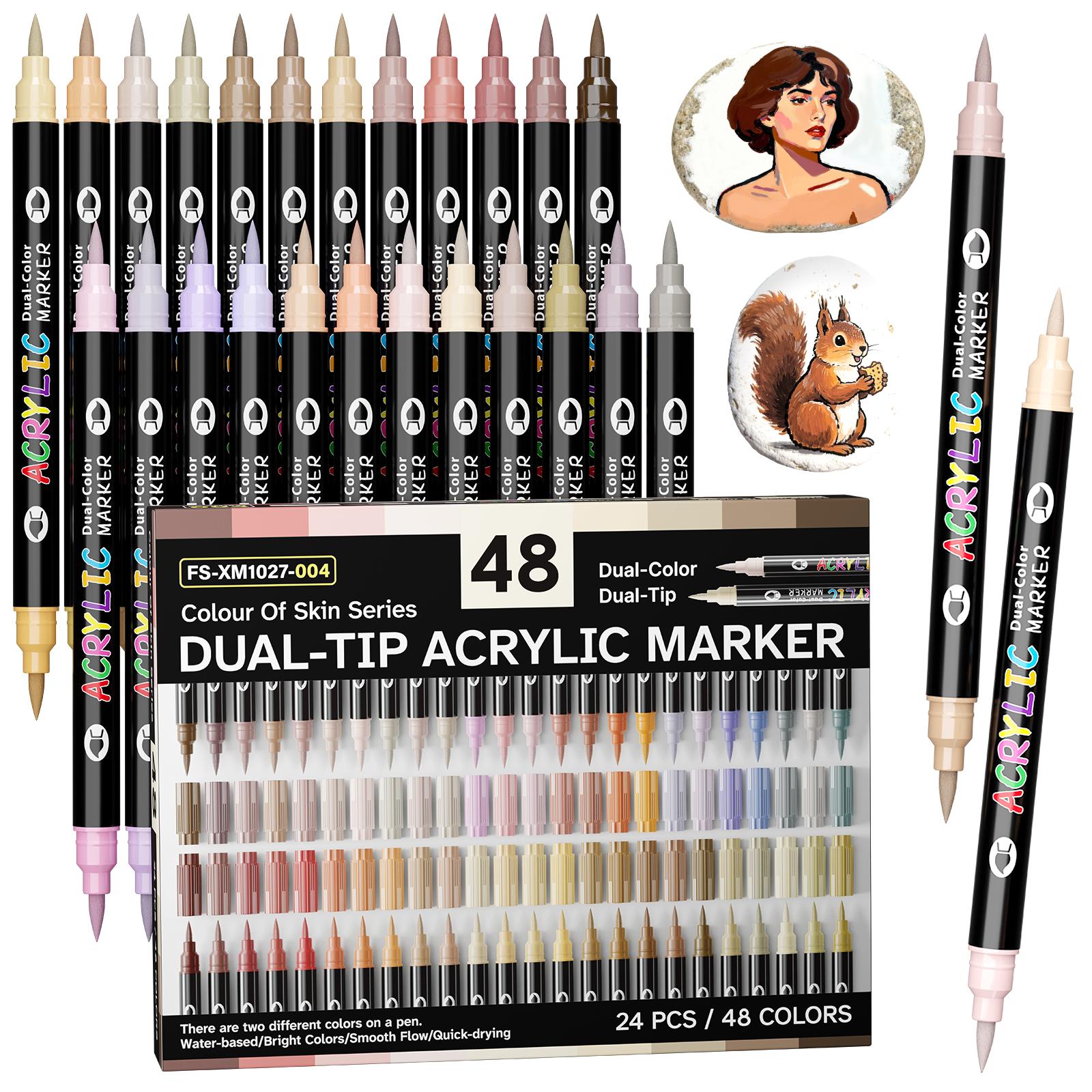 24/48/72/144/240 Colors Acrylic Paint Markers, Dual tips Dual Color Acrylic Paint Pens for Rock Painting, Canvas, Wood, Glass, Ceramic, Fabric, Plastic, Egg & Scrapbook. Soft Brush Tips Paint Pens and Paint Markers Art Materials