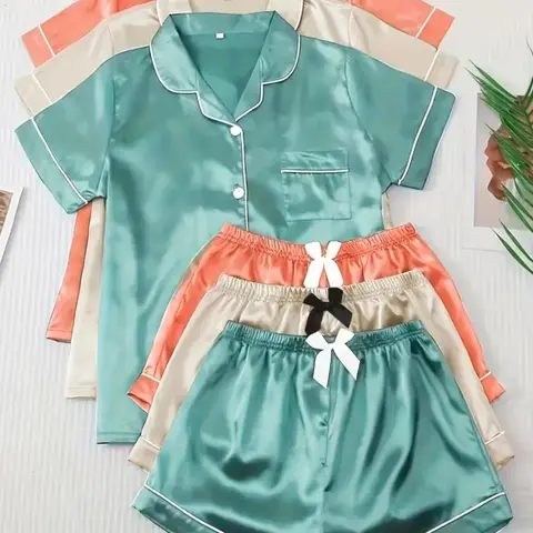 Women's Solid Contrast Binding Bow Decor Pajama Set, Short Sleeve Button Front Lapel Shirt & Shorts Pj Set, Ladies Summer Sleepwear & Loungewear, Home Sleepwear Loungewear
