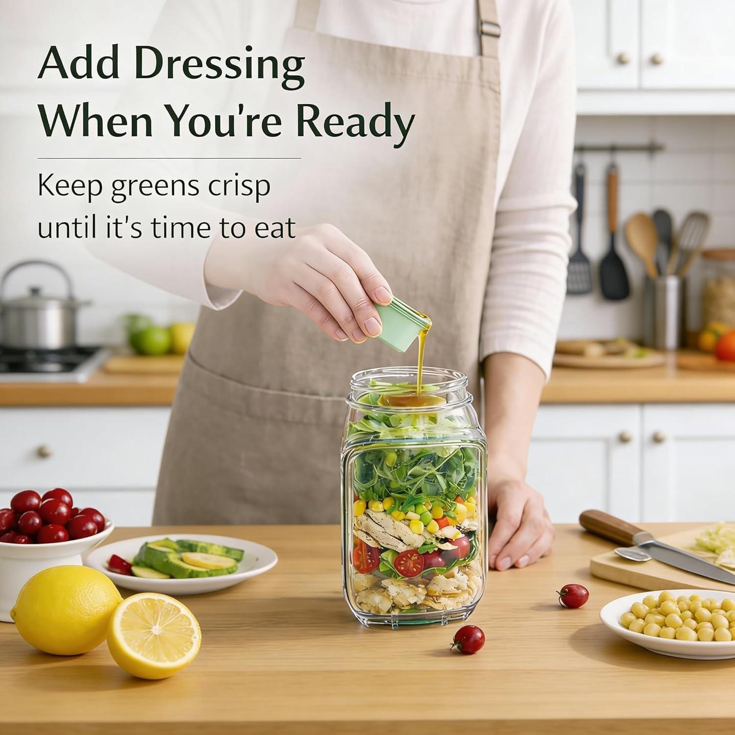 Portable Salad Jar With Side Access Leak-Proof Food Storage Container With Sauce Compartment Lid And Spoon For Outdoor Picnic BBQ For Renters Young Families Home Cooks