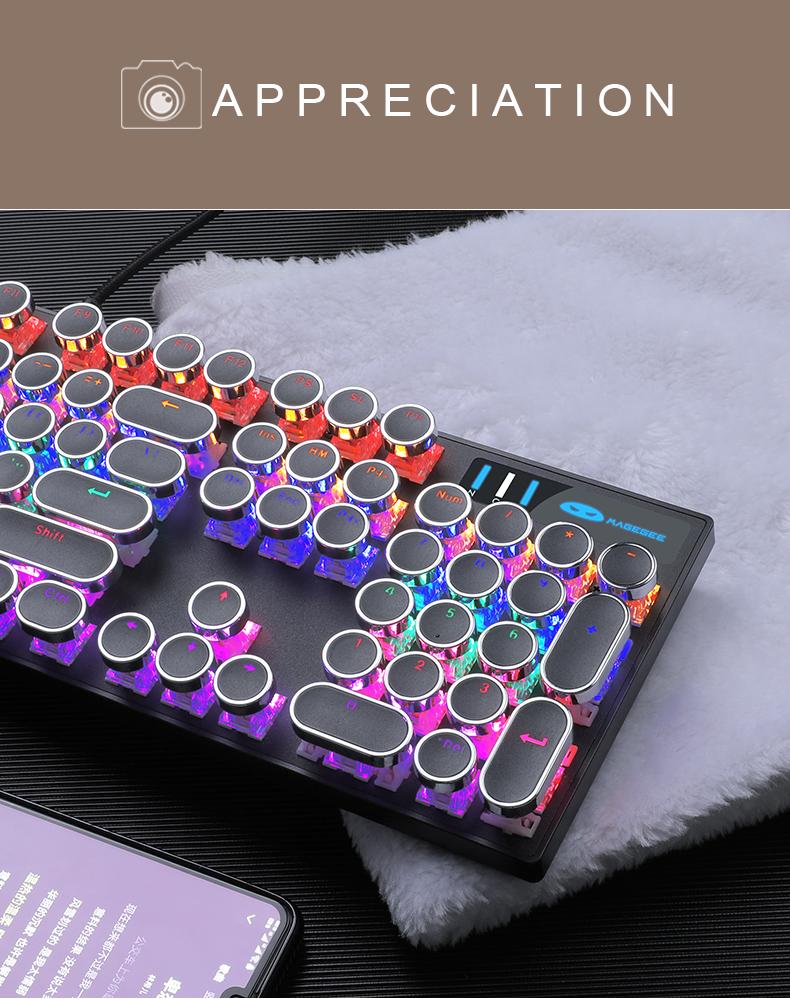 MageGee MK-Storm Typewriter Mechanical Gaming Keyboard, Retro Punk Round Keycaps Blue LED Backlight USB Wired Computer Keyboard for Gaming and Office, Compatible with Windows