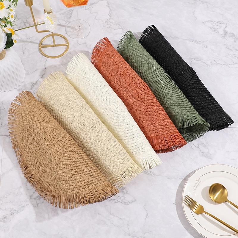 15 Inch Round Paper Braided Fringe Placemats Set, Heat Resistant Table Mats, Hotel Restaurant Decor, Non-Slip Dining Pad, Family Party Use 15 Inch Round Paper Braided Fringe Placemats Set, Heat Resistant Table Mats, Hotel Restaurant Decor, Non-Slip Dining Pad, Family Party Use
