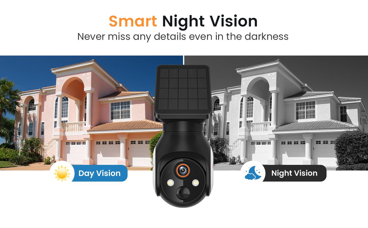 Security Camera with Solar Panel, Wireless Outdoor, Camera for Home Security, Battery Powered, Pan Tilt, AI Motion Detection, Night Vision, 2-Way Talk, IP65, Cloud Storage, Human Detection, 2.4GHz Only