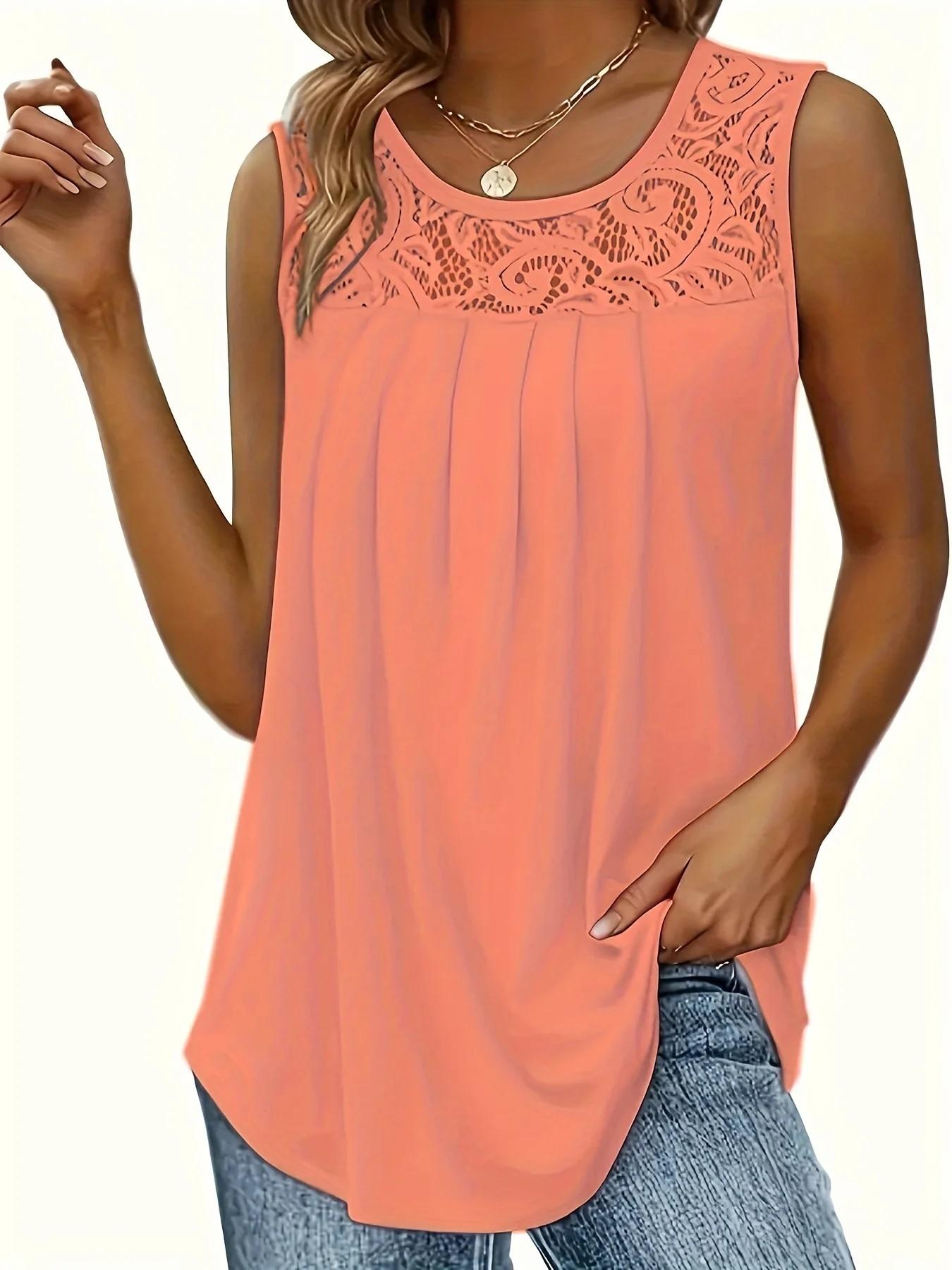 Spring Summer Solid Color Sleeveless Lace Trim Casual Vacation Top, Versatile Fashionable Women's Clothing, Comfortable and Stylish
