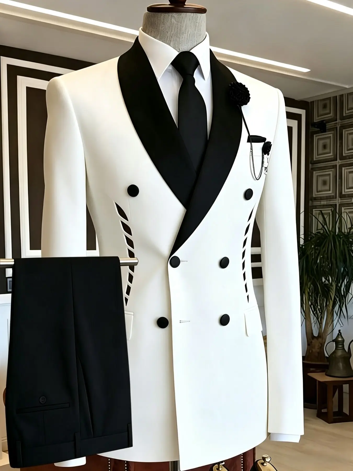 Ainwear Men's Satin Lapel Graphic Print 2 Piece Suit, Double Breasted Blazer Jacket with Pocket & Dress Pants, Formal Wedding Prom Tuxedo