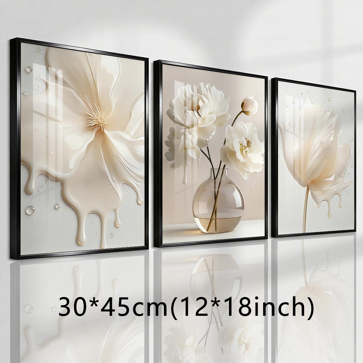 3 Counts Aluminum Alloy Framed Painting, Elegant White Liquid Floral Art Pictures, Home Decoration For Living Room, Bedroom, Office, Restaurant, Hallway Wall Decor, Odorless Print Artwork, Luxury Perfect Gift For Friends And Family