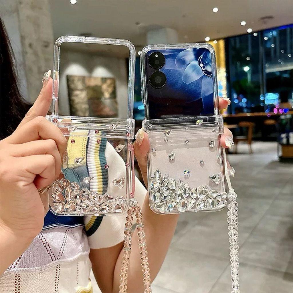 Clear Rhinestone Foldable Phone Case With Chain For Samsung Galaxy Z Flip3/Z Flip4/Z Flip5/Z Flip6/Z Flip7, Shockproof Cover
