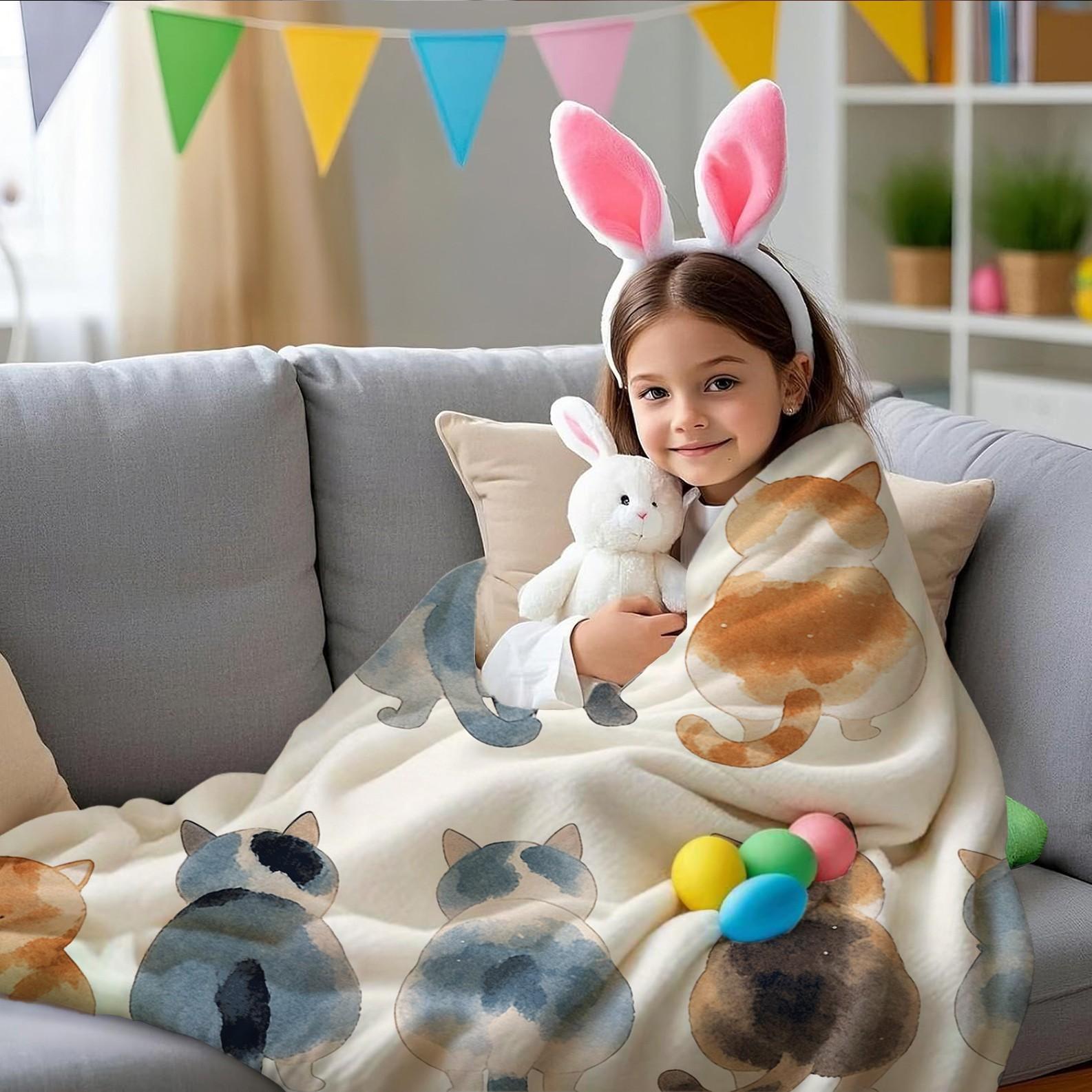 1 Pack Cute Watercolor Cat Butt Flannel Blanket, Super Soft Plush Fleece Throw Blanket, HD Digital Single-Sided Print Cat Lover Gift Blanket, Cozy Decorative Warm Blanket for Sofa, Bed, Car, Travel