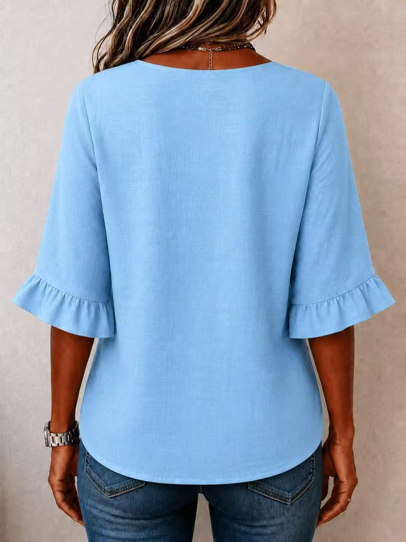 Women's Plus Size Solid V-Neck Shirt, Loose-Fitting Ruffle Sleeve Button-Up Top, Casual Vacation Wear, European and American Style