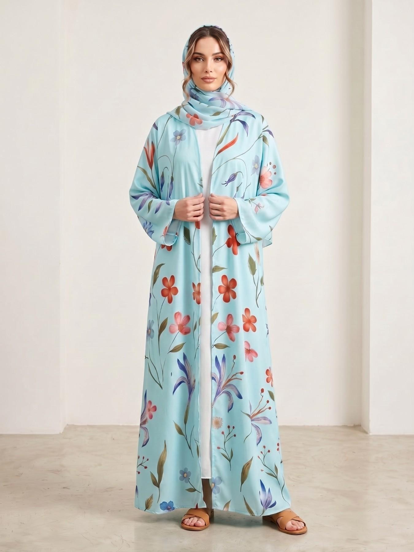 Muslim Women's Abaya Set with Hijab, Modest Muslim Outfits, Elegant Simple Floral Print Long Robe Jacket, Casual Party Beachwear, Elegant Islamic Clothing, All Seasons Wear