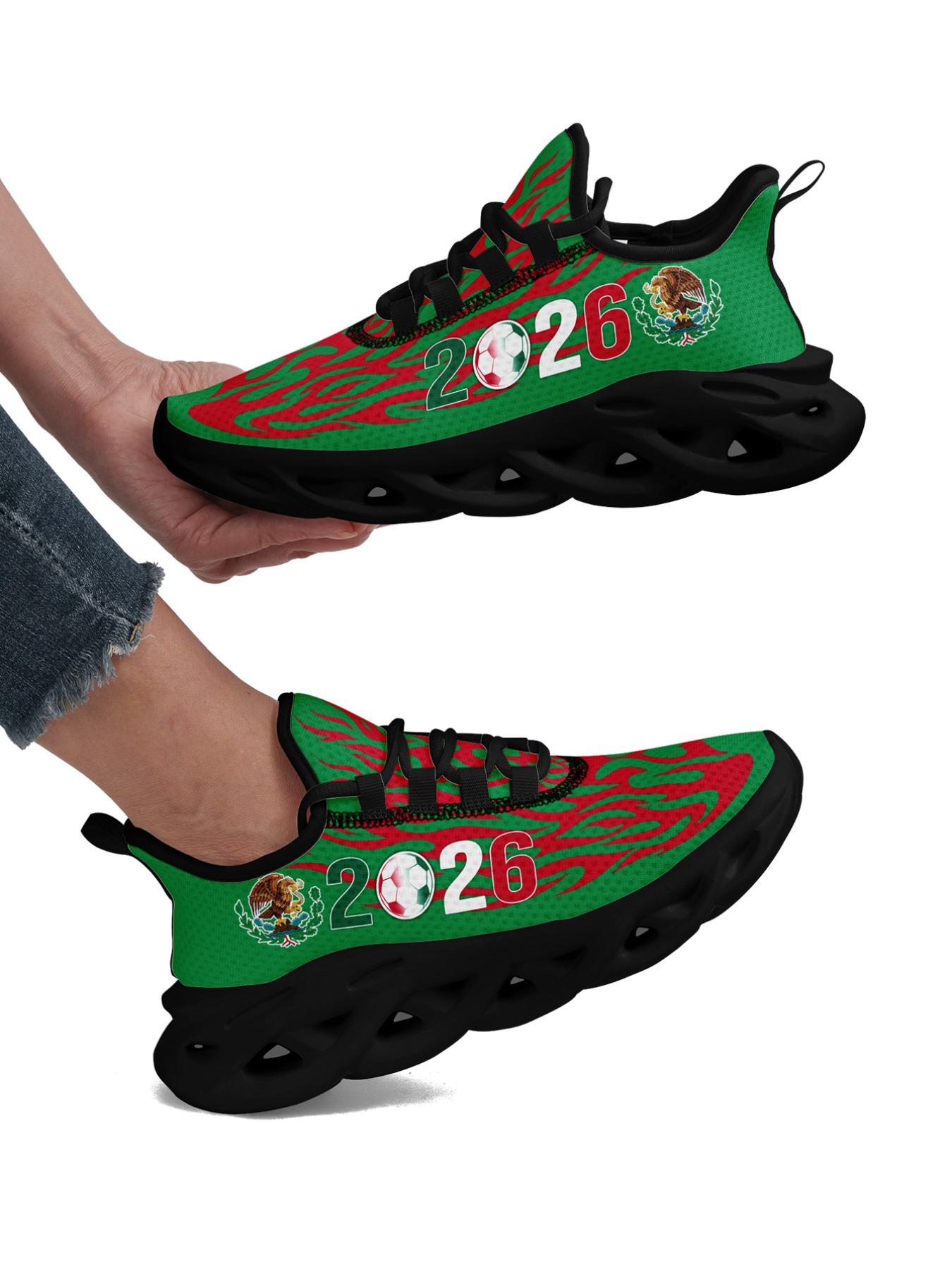 Men's Mexico 2026 Green Red Flame Soccer Eagle Print Sport Shoes, Wide Fit, Plus Size, Trendy Casual Sneakers for Daily Walking, Gym & Outdoor
