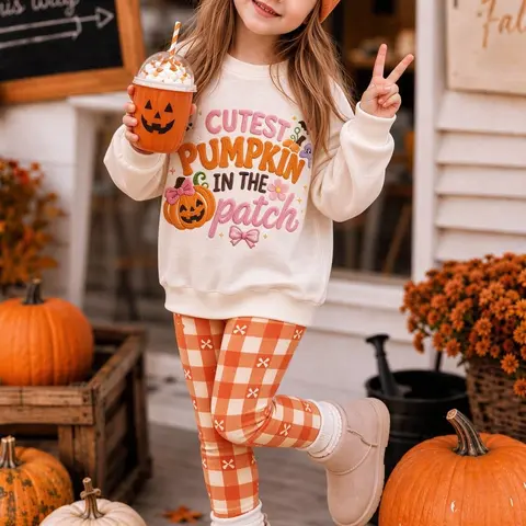 Girls Halloween Pumpkin Print Sweatshirt Set, Cute Bow Letter Long Sleeve Top with Plaid Pants, Fall Outfit for 4-12 Years