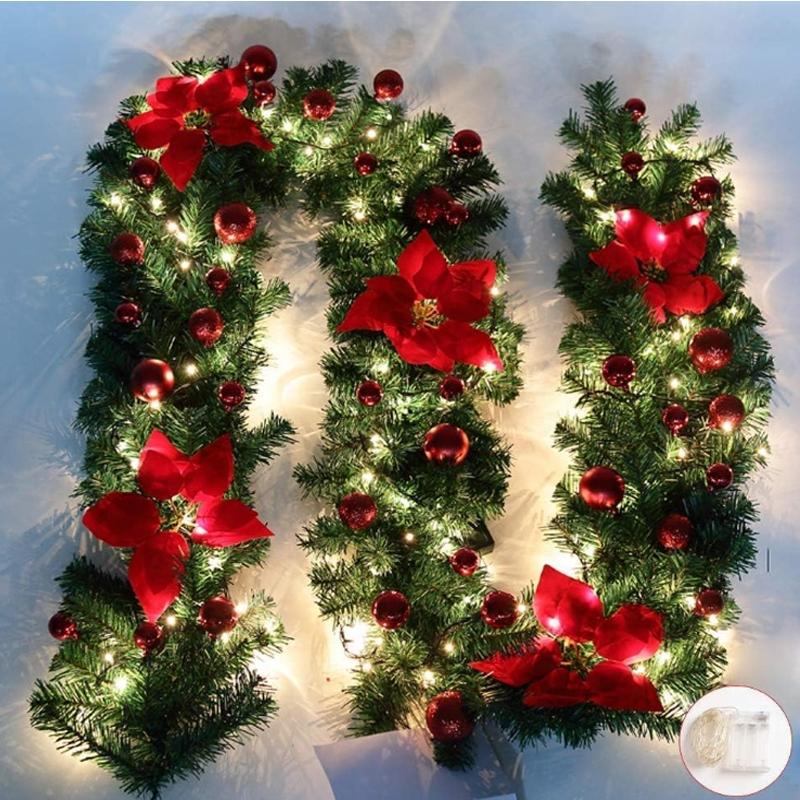 1 artificial Christmas garland light, green vines with red flowers indoor decorative lights, battery-powered LED lights, 2025 new Christmas atmosphere lights, suitable for home stairs, fireplaces, front porch doors, indoor and outdoor Christmas decoration