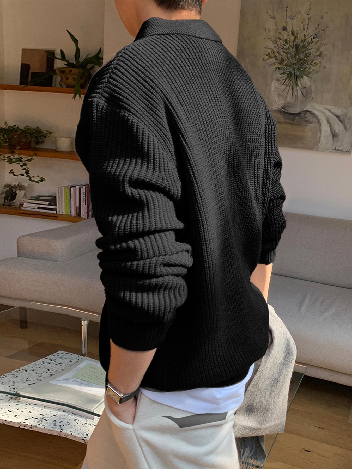 Autumn Winter Thick Knit Sweater Coat, Casual Unisex Cardigan, Lapel Long Sleeve Polo Shirt, Moderate Fabric, Fitted Style, Knitwear