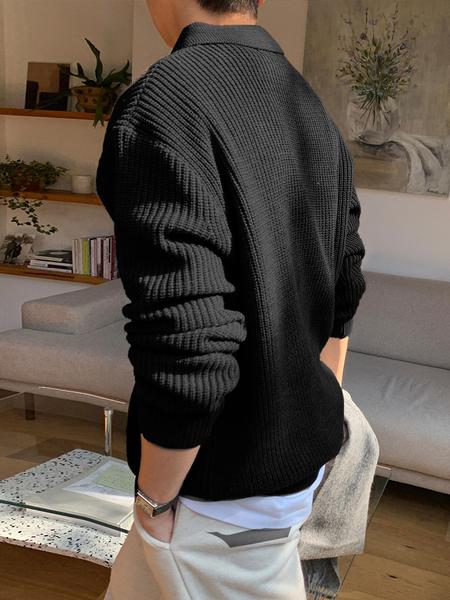 Autumn Winter Thick Knit Sweater Coat, Casual Unisex Cardigan, Lapel Long Sleeve Polo Shirt, Moderate Fabric, Fitted Style