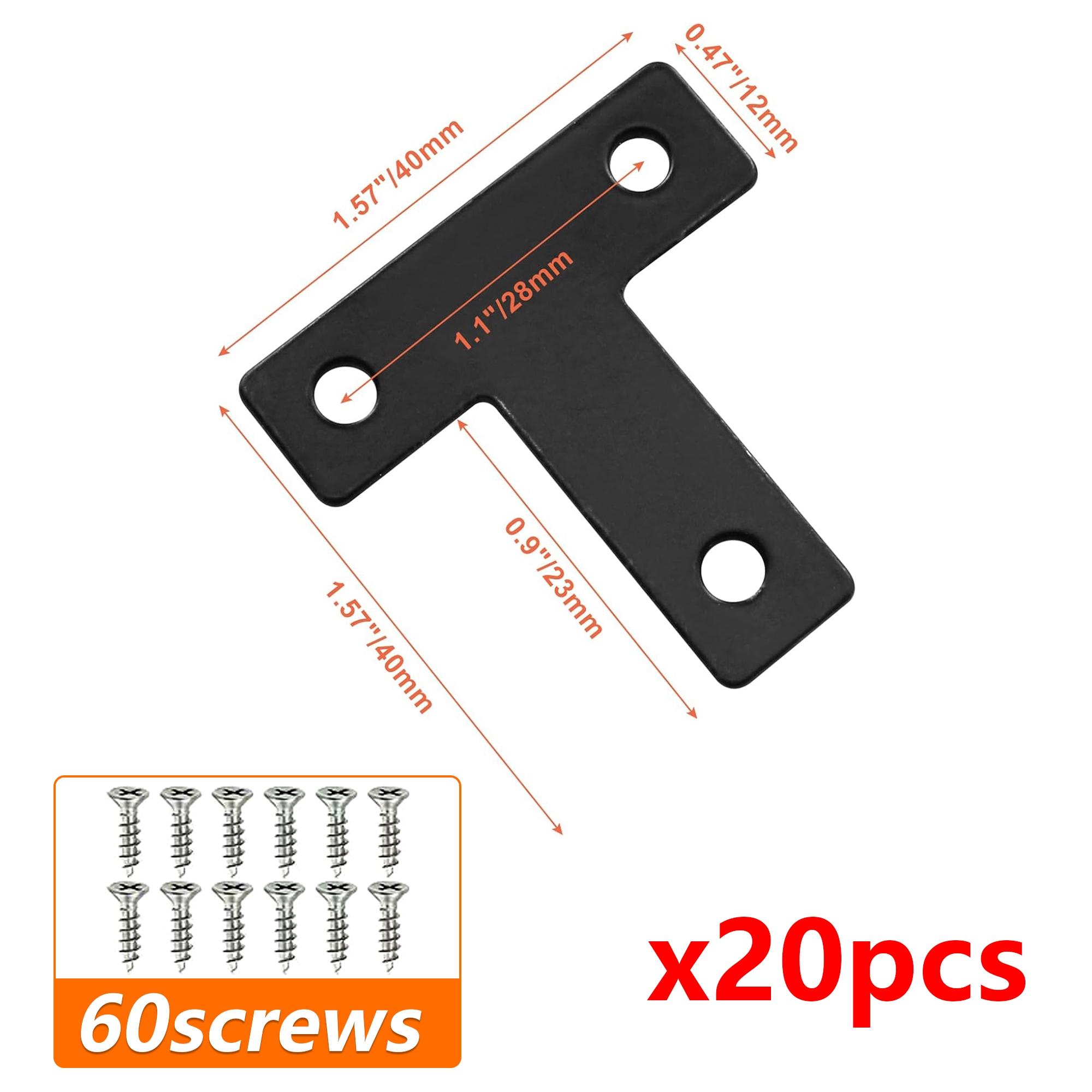 T Shape Flat Mending Plates 40mm x 40mm (1.57" x 1.57") T Corner Braces T Bracket Connector Fixing Repair Plates for Wood Furniture, Cabinet, Windows, Black