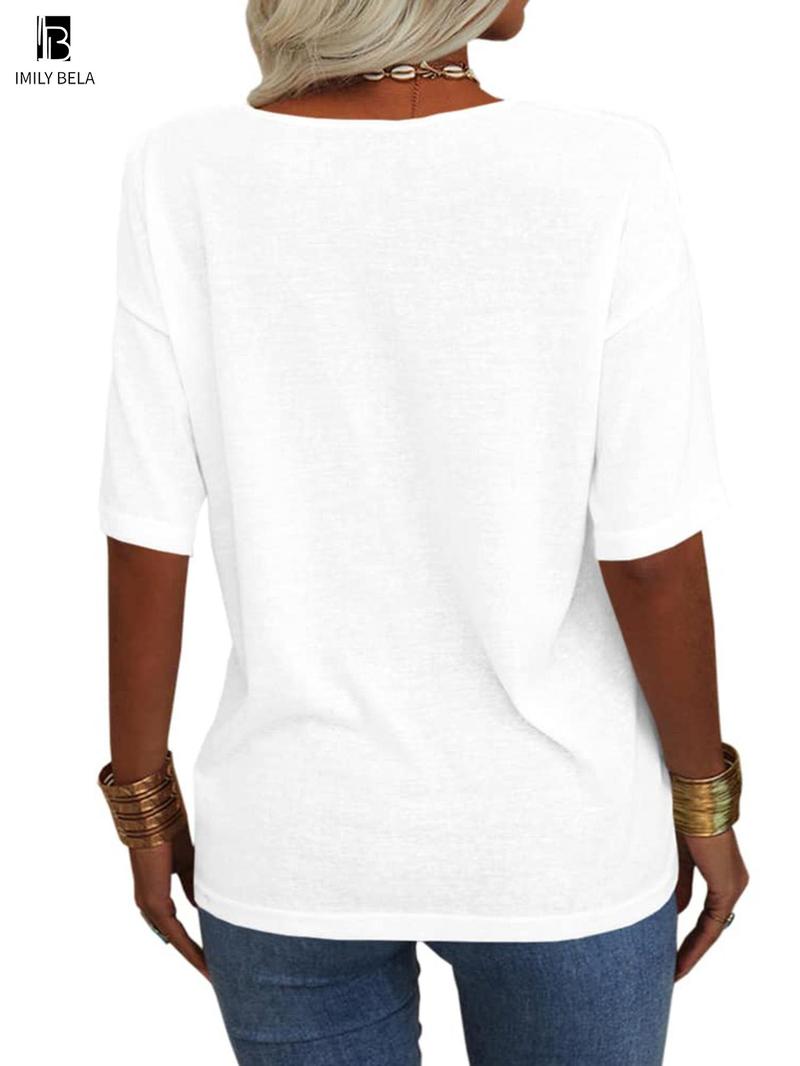 Women's Plain V Neck Drop Shoulder Tee, Casual Chic Minimalist Solid Color Half Sleeve T-shirt for Summer, Women's Basic Top for Daily Wear