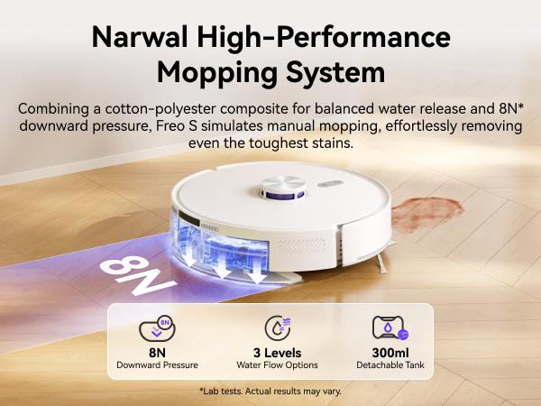 NARWAL Freo S Robot Vacuum and Mop Combo, 8000Pa Suction, 180 Days Hands Free, Self-Emptying Base, LDS Navigation, Obstacle Avoidance, Robot Vacuum Cleaner for Pet Hair & Hard Floors
