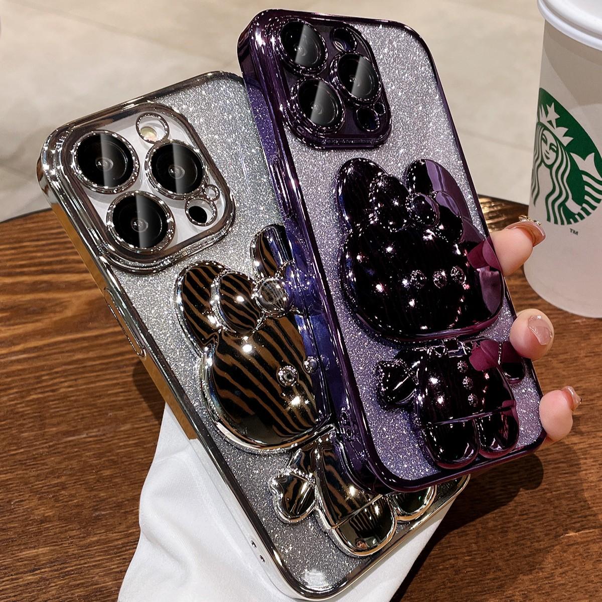 Glitter Bunny Phone Case with Stand & Mirror for iPhone 17 | Cute Silicone Protective Cover | Sparkly Bling Rabbit Case with Kickstand