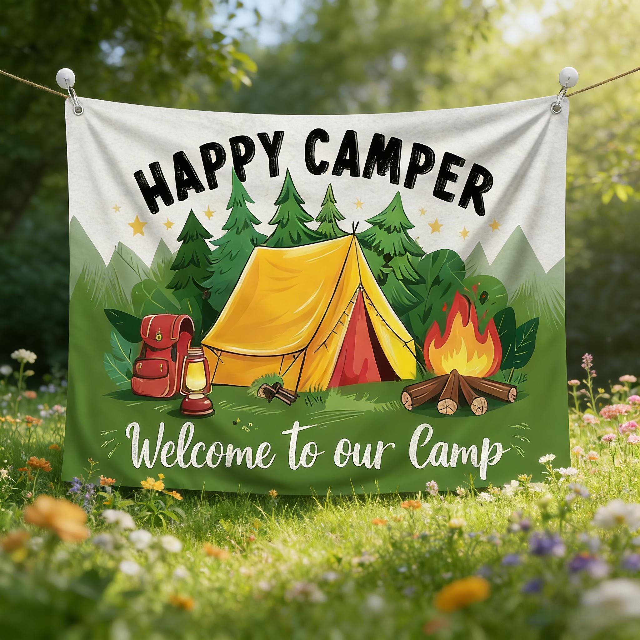 Happy Camper" Themed Party Backdrop - Polyester, Multicolor Forest Campfire and Tent Design with "Welcome to Our Camp" Banner - Ideal for Indoor/Outdoor Family Gatherings, Camping Birthday Decorations, Camping Decorations