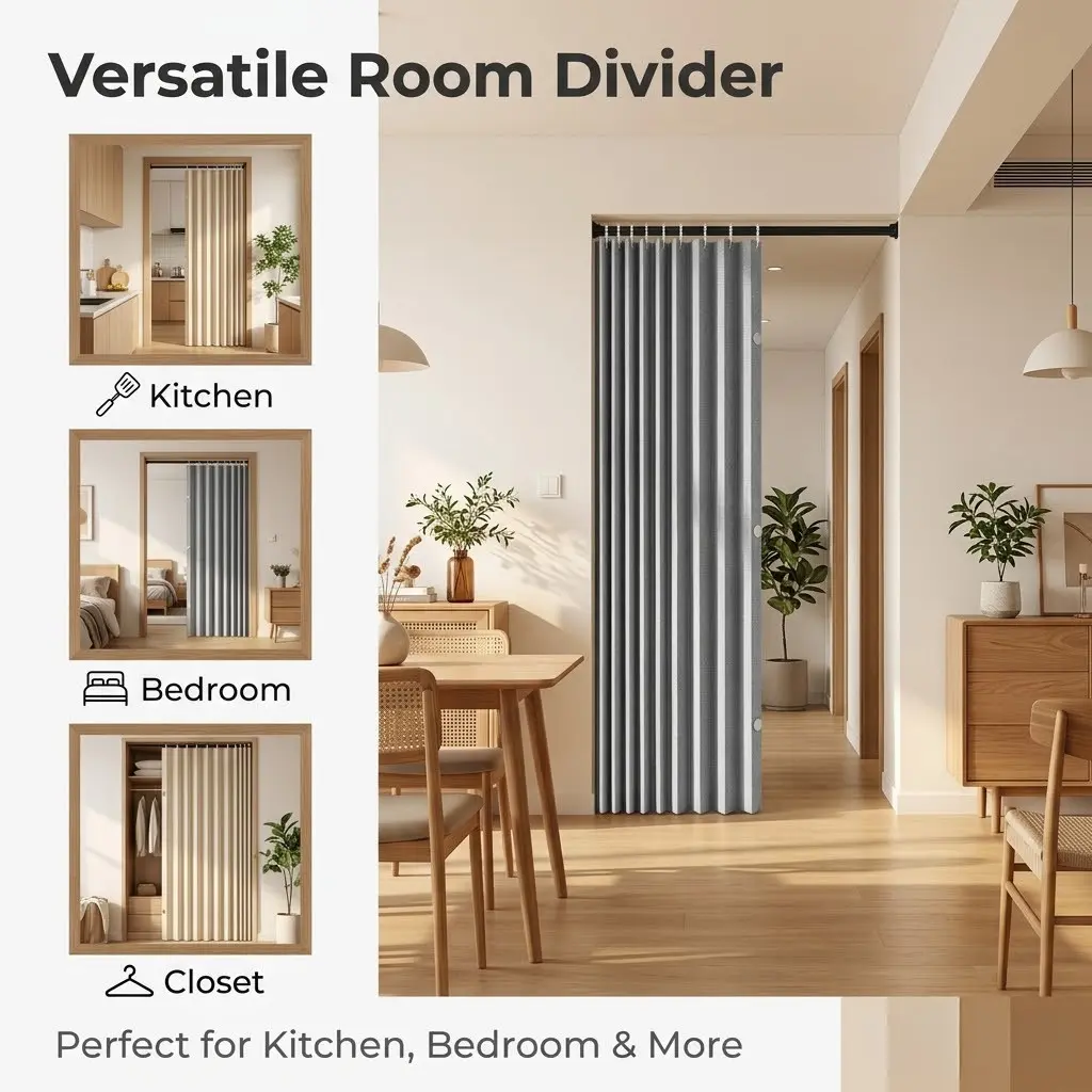 High-Density Waterproof Windproof Folding Door Curtain, Fits 80-100cm Doors, Easy Storage, Kitchen Bathroom Divider, Includes Hooks, Foldable Door Curtain