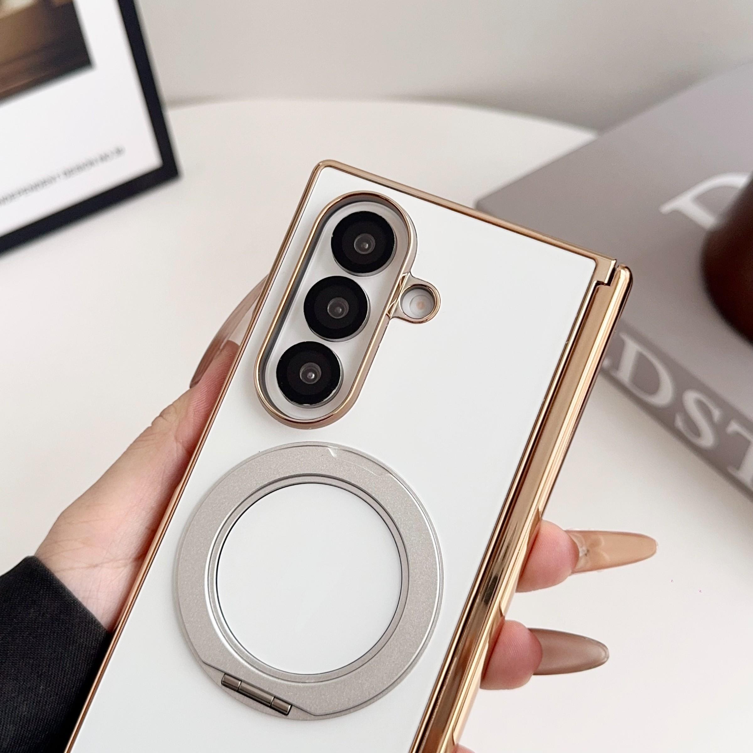 High-End Ag Frosted Electroplated Dual Axis Phone Case for Samsung Galaxy Z Fold7/6/5/4, 360° Rotating Stand, Wireless Charging Support