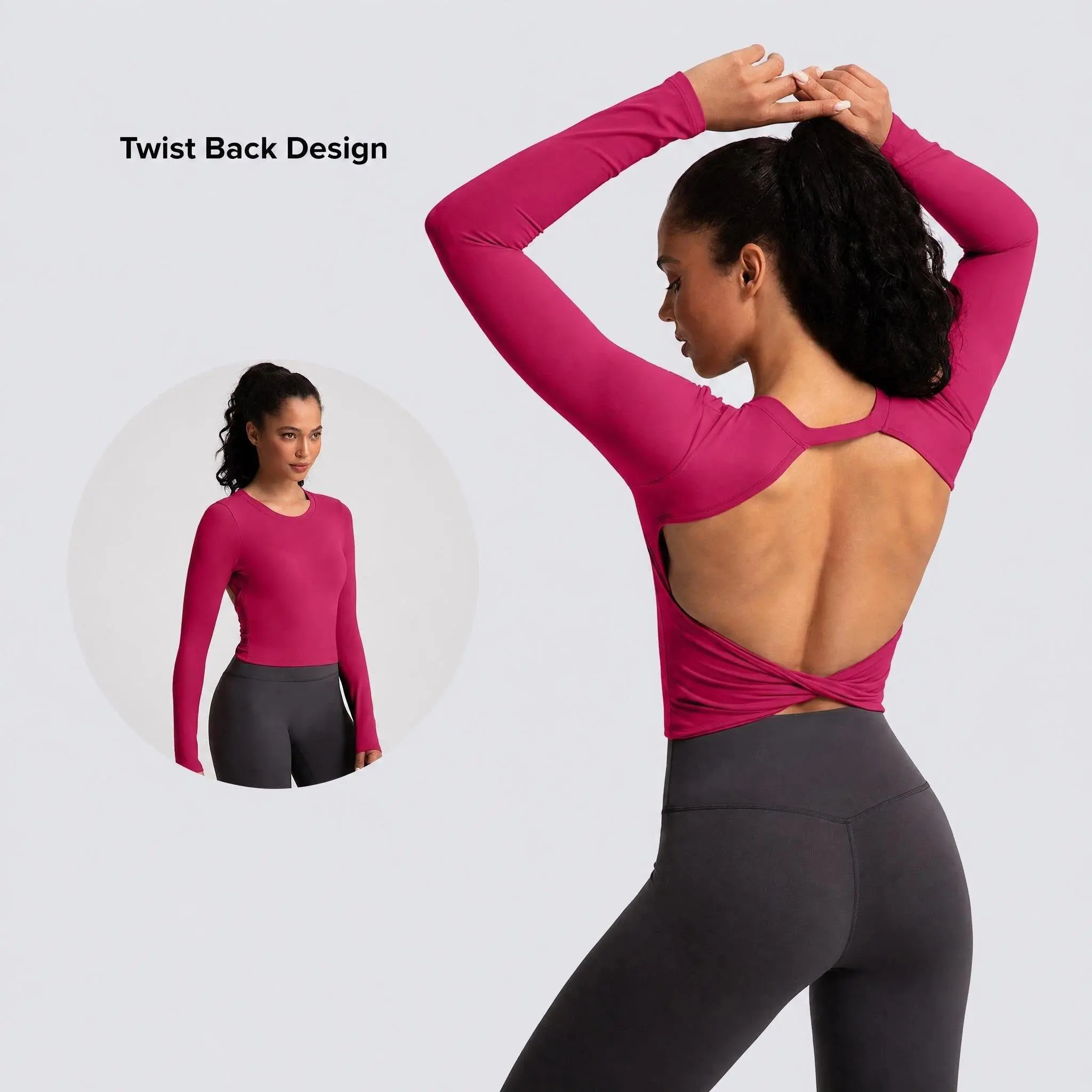 Women's Long Sleeve Backless Yoga Top with Built in Bra for Running Gym Workout Seamless Sportswear