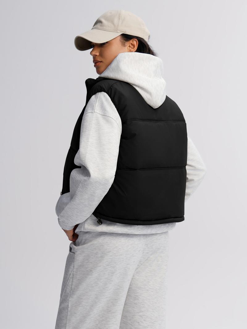 Women's Short Winter Warm Down Cotton Vest, Stand Collar Zip Design, Loose Fit Casual Fashion, Sporty Daily Wear