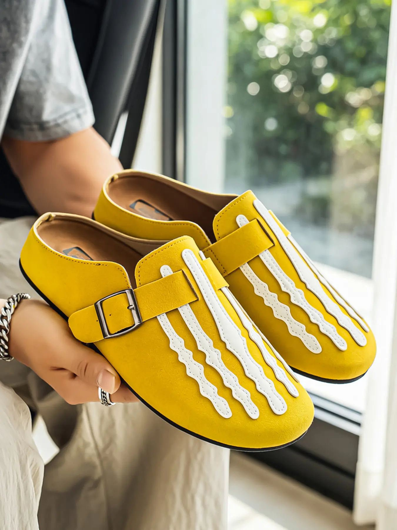 Vibrant Orange Skeleton Bone Mule Clogs, Soft Faux Suede Upper Bold Black Skeletal Toe Graphic Slippers, Adjustable Metal Buckle Strap Non-Slip Flat Sole, Edgy Casual Slip-On Shoes for Daily Street Party Halloween Wear