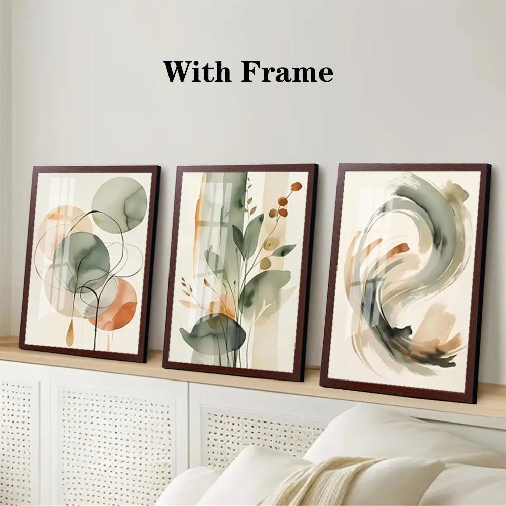 3-Piece Optional Wooden Frame Beige Sage Green Abstract Watercolor Plant Geometric Art Poster High Grammage Moisture-proof Tear-resistant Canvas Color Print High Color Accuracy Non-deformation Modern Minimalist Living Room Bedroom Wall Decor