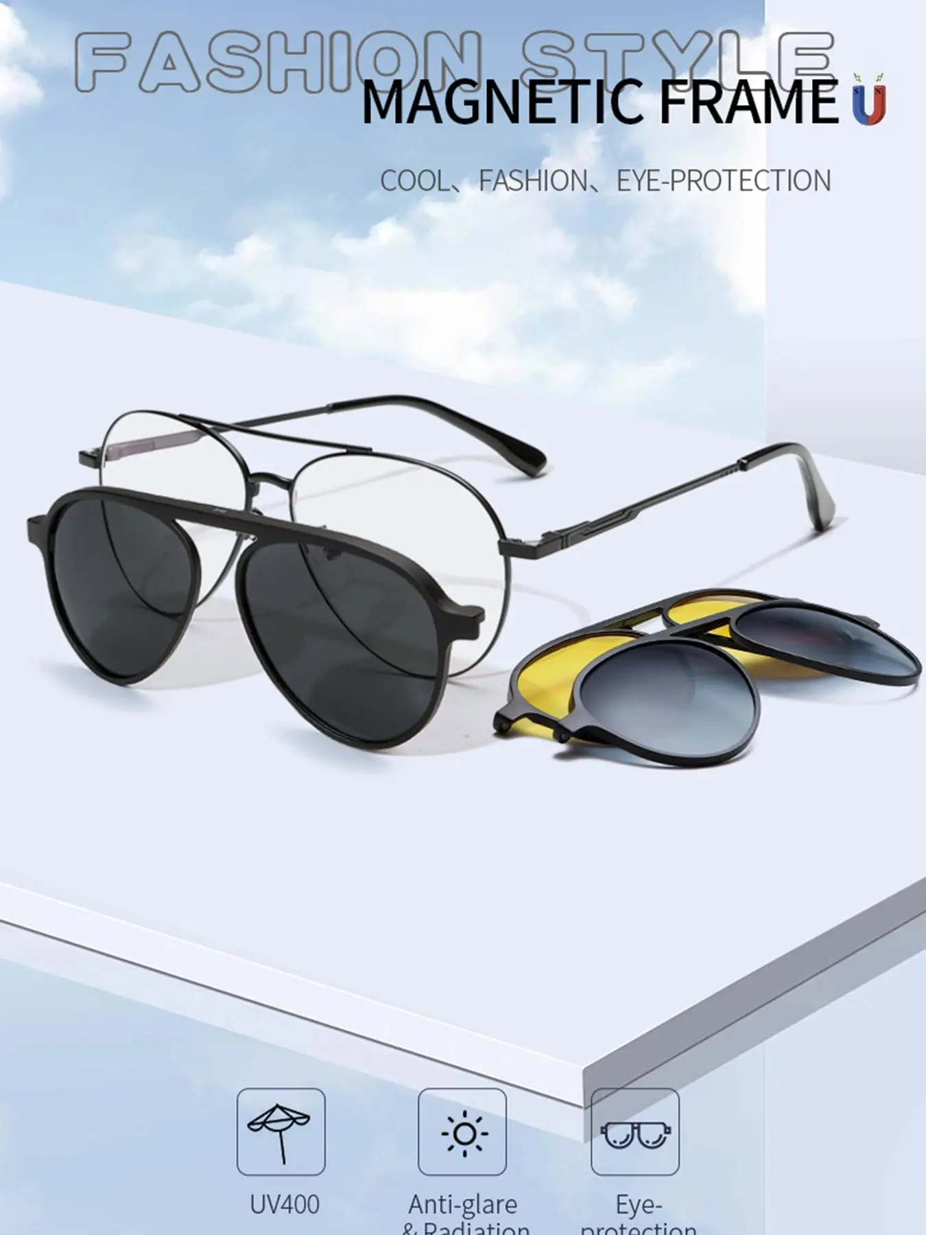 3 in 1 Magnetic Clip On Aviator Glasses for Men Women, Polarized Sunglasses with UV400 Protection, Yellow Night Vision Driving Lens, Blue Light Blocking Computer Glasses, Anti Glare Metal Frame Eyewear for Driving, Fishing, Cycling, Outdoor Sports CL210