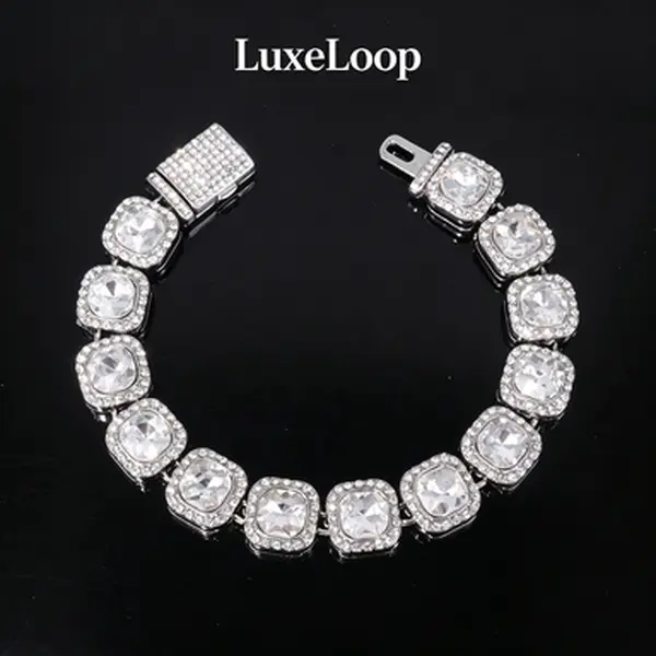 LuxeLoop Unisex Bust Down Cushion Cut Square Halo Tennis Bracelet Full Paved Clear Glass Crystal Secure Iced Box Clasp Silver Tone Stackable Y2K Coquette Aesthetic Hip Hop Drip Rapper Celebrity Style Daily Club Birthday Valentine Gift for Him Her