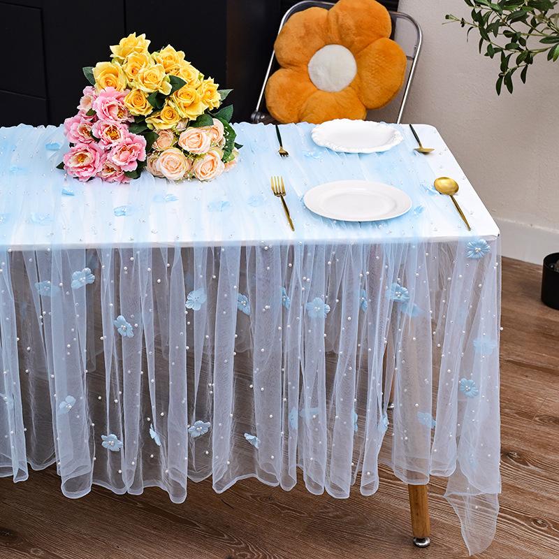 New 3D Pearl Flower Sheer Table Runner, Tulle Mesh Table Flag for Party Decor, Ideal for Seasonal Dining, Weddings, Birthdays & Bridal Showers, Perfect for Home Party Decoration