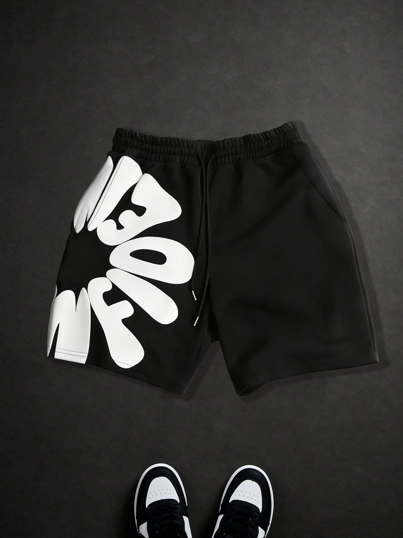 Men's Y2K Puff Letter Print Shorts - Black White Streetwear Casual Summer Shorts