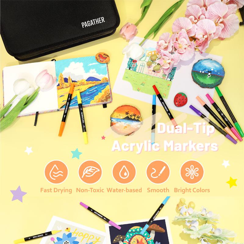 Acrylic Paint Markers, Dual Tip with Fine Tip and Brush Tip Pens for Stone, Wood, Calligraphy, Canvas, Ceramic, Metal, Glass, Rock Painting, DIY Crafts Art Supplies Bag