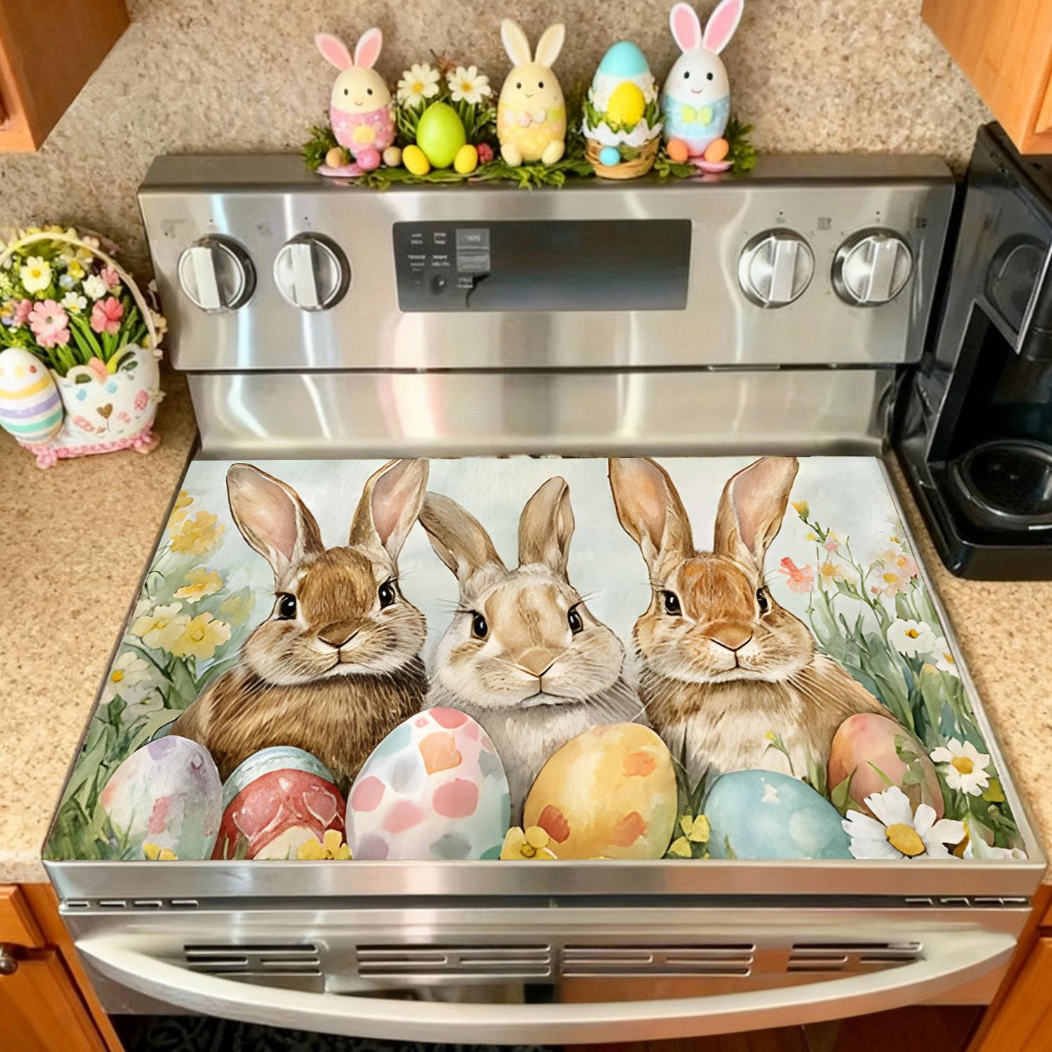 Easter Soft Electronic Stove Panel Protector Pad, Rabbit Bunny Egg Flower Design, Scratch Resistant, Easy to Clean, Multi-Purpose Kitchen Cover