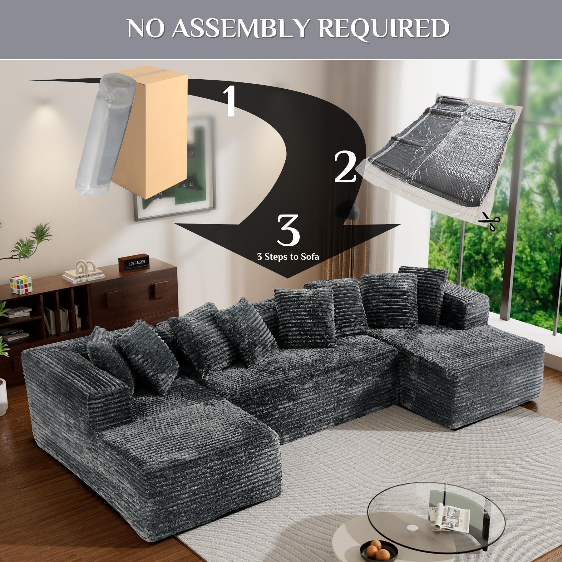 【3 Packages Shipping】Modular Sectional Sofa Cloud Couch 131" Black Boneless Sectional Couches for Living Room Comfy Deep Seat Plush Corduroy Sofa Modern Fluffy Memory Foam U Shape Couch with Chaise Lounge Modular Sectional Couch