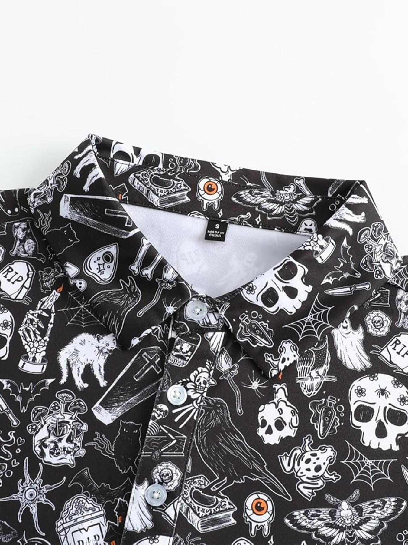 Men's Halloween Theme Polo Shirt, Hand-Drawn Skull Ghost Tombstone Pattern, Short Sleeve, Breathable, Festive Casual Golf Top,Unisex (Recommended ordering one size up),polo shirt for men,deals of the day，halloween costumes for men，halloween costumes
